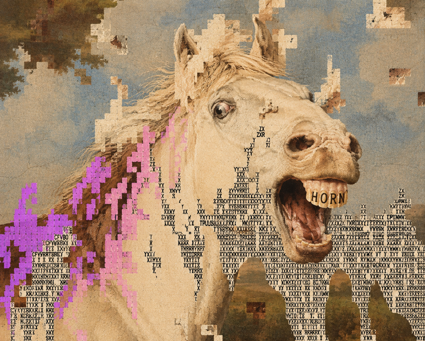 A classical oil-painted horse portrait corrupted by digital glitch — pixel blocks and character noise breaking up the canvas, a magenta mane — with HORN branded into its teeth.
